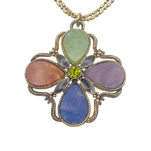Monet Maltese Cross Pendant Necklace Multicolor Stones Gold Tone Chain 16+2" - Picture 7 of 10